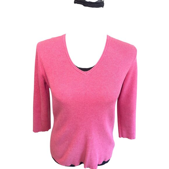 Eddie Bauer Pink Stretch Pima Cotton V-Neck Ribbed Knit Sweater 3/4 Sleeves L - Picture 3 of 9